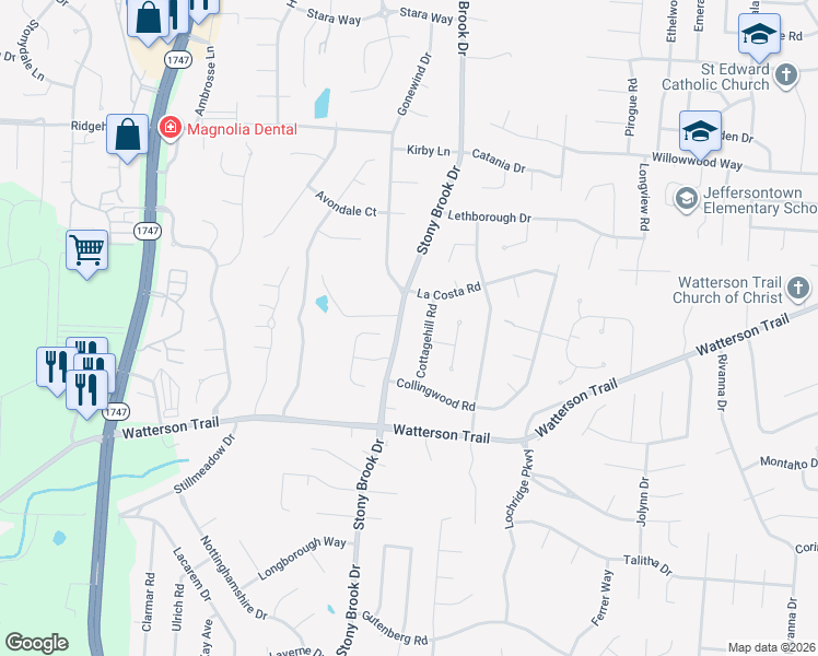 map of restaurants, bars, coffee shops, grocery stores, and more near 4106 Cottagehill Road in Jeffersontown