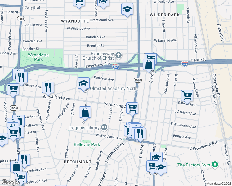 map of restaurants, bars, coffee shops, grocery stores, and more near 4523 South 6th Street in Louisville