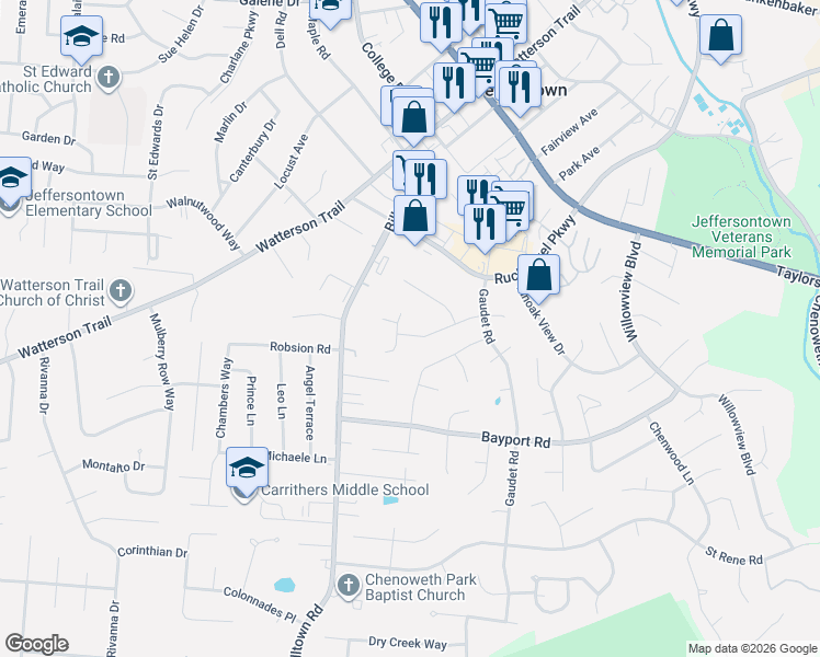map of restaurants, bars, coffee shops, grocery stores, and more near 3908 Chesley Martin Drive in Louisville