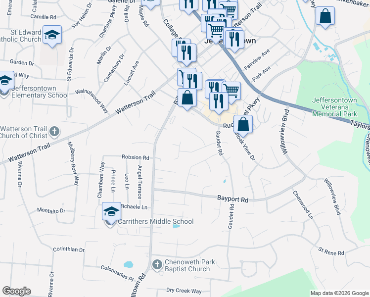map of restaurants, bars, coffee shops, grocery stores, and more near 3908 Chesley Martin Drive in Louisville