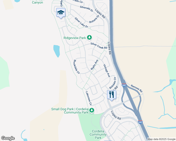 map of restaurants, bars, coffee shops, grocery stores, and more near 5002 Brookdale Circle in Fairfield