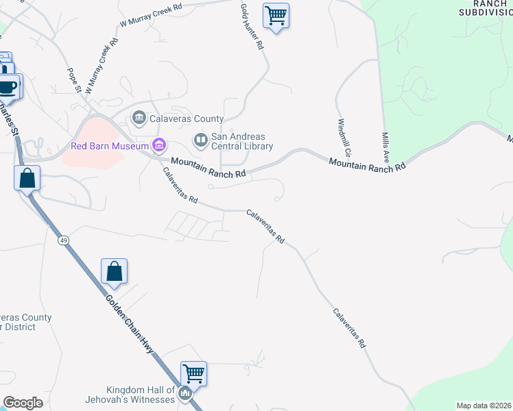 map of restaurants, bars, coffee shops, grocery stores, and more near 1383 Calaveritas Road in San Andreas