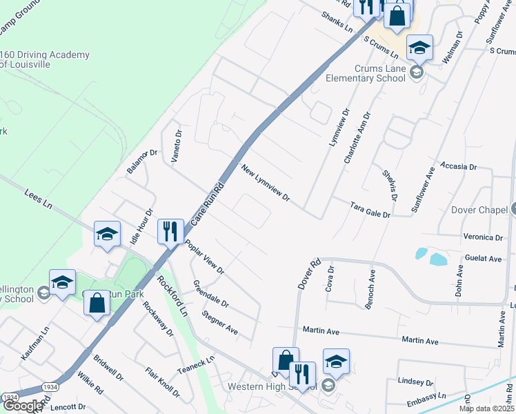 map of restaurants, bars, coffee shops, grocery stores, and more near 3022 Teakwood Circle in Louisville