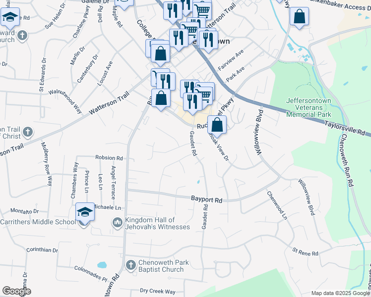map of restaurants, bars, coffee shops, grocery stores, and more near 10404 Vantage Rd in Louisville
