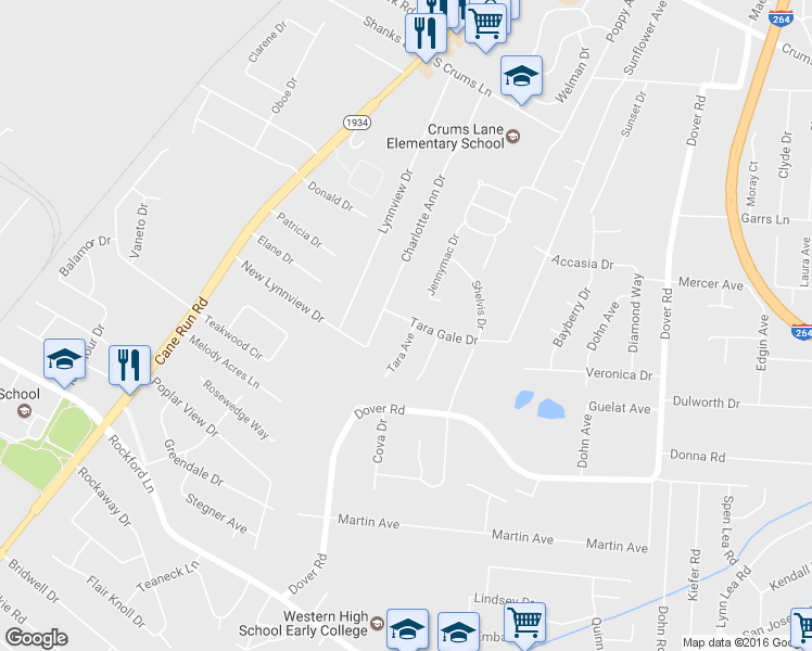 map of restaurants, bars, coffee shops, grocery stores, and more near 3212 Tara Gale Drive in Louisville