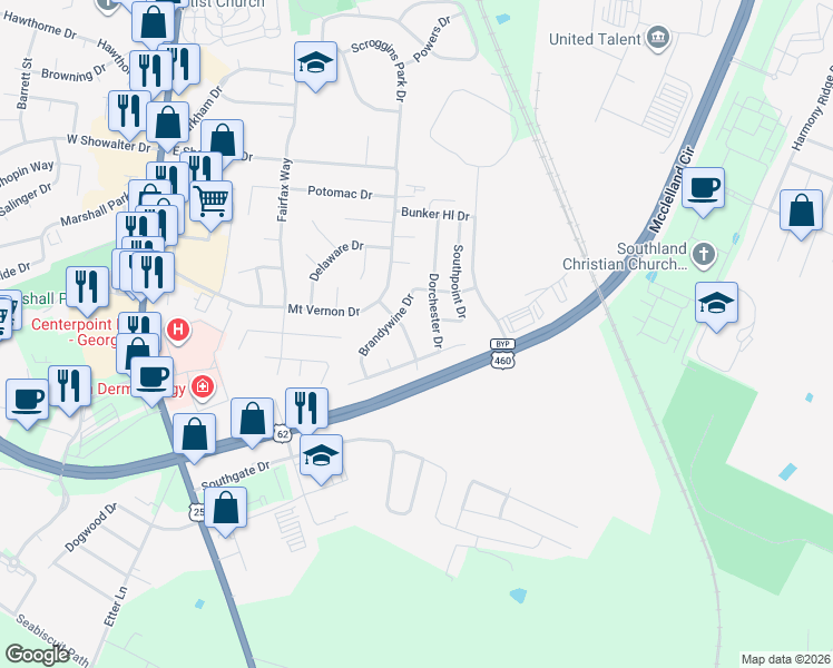 map of restaurants, bars, coffee shops, grocery stores, and more near 1347 Hudson Drive in Georgetown
