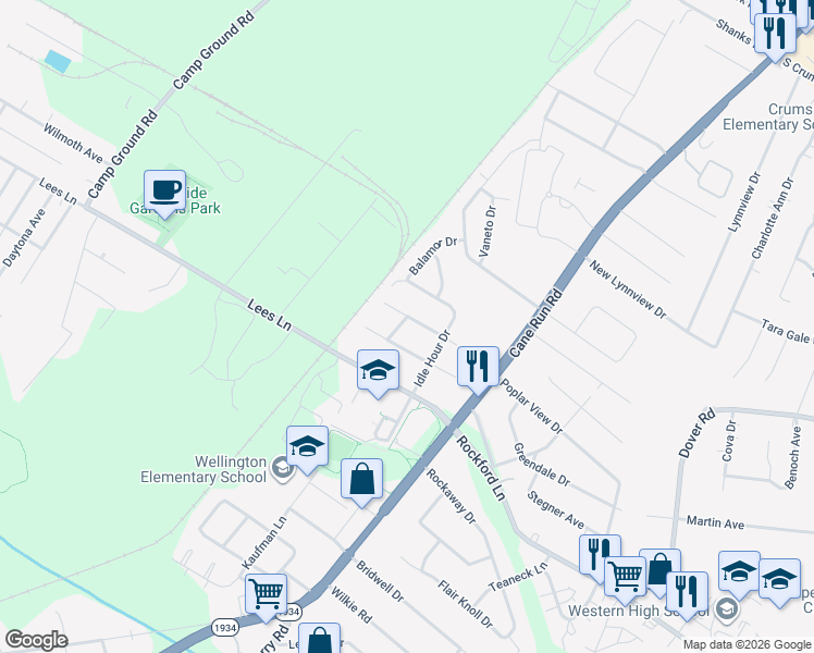 map of restaurants, bars, coffee shops, grocery stores, and more near 4701 Zilma Drive in Louisville