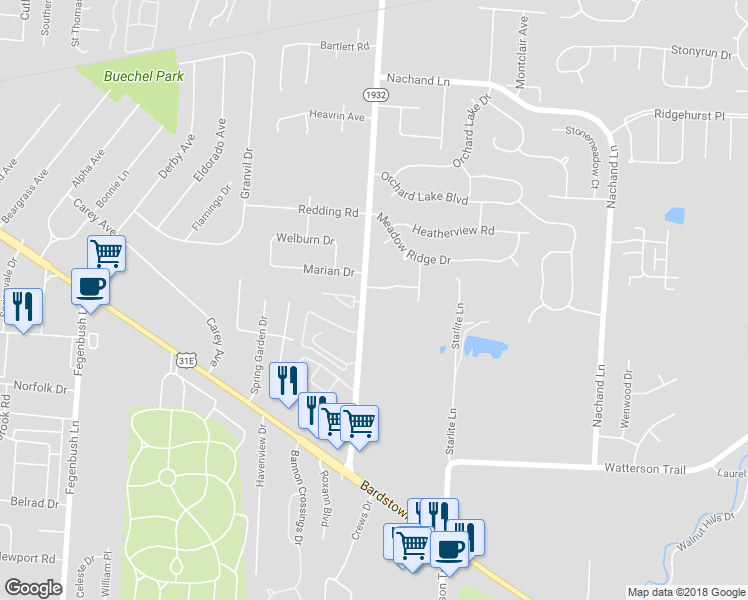 map of restaurants, bars, coffee shops, grocery stores, and more near 4109 Breckenridge Lane in Louisville