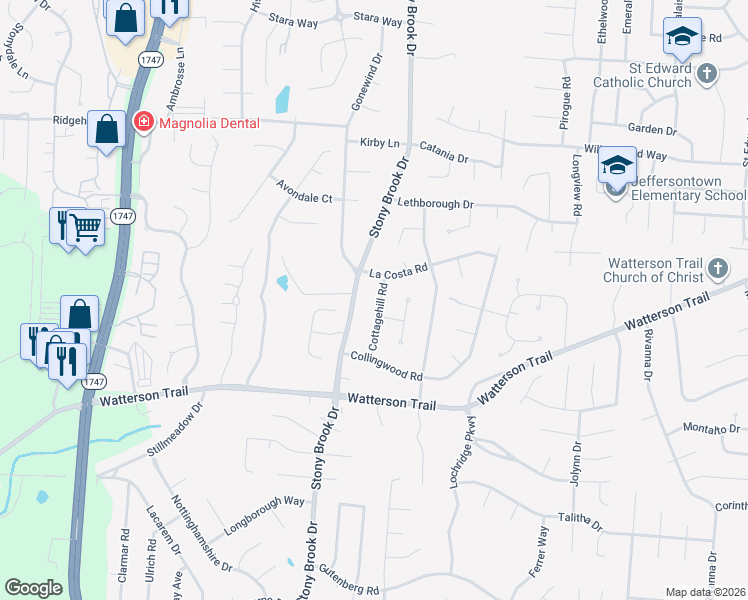 map of restaurants, bars, coffee shops, grocery stores, and more near 4106 Cottagehill Road in Jeffersontown