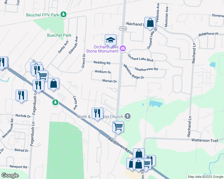 map of restaurants, bars, coffee shops, grocery stores, and more near 4204 Breckenridge Lane in Louisville