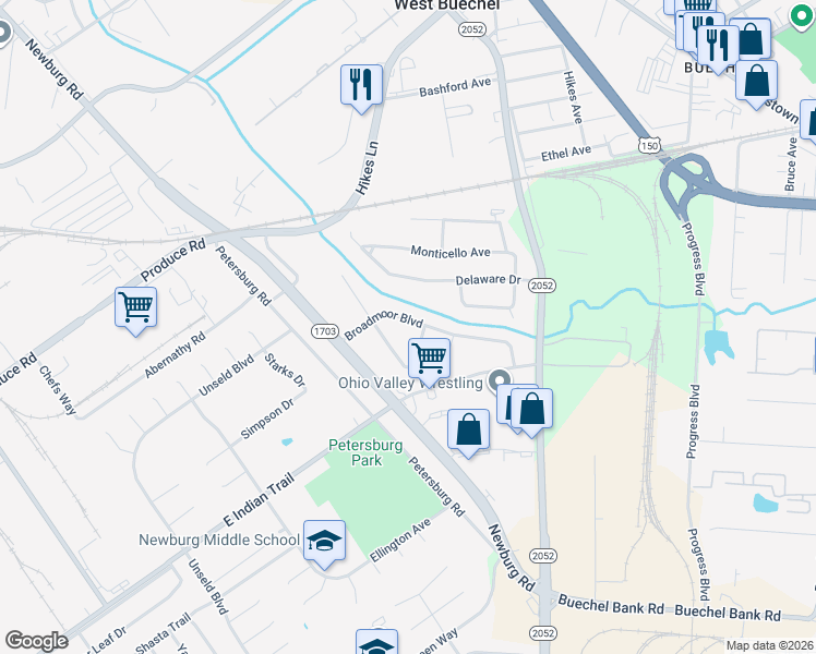map of restaurants, bars, coffee shops, grocery stores, and more near 5018 Broadmoor Boulevard in Louisville