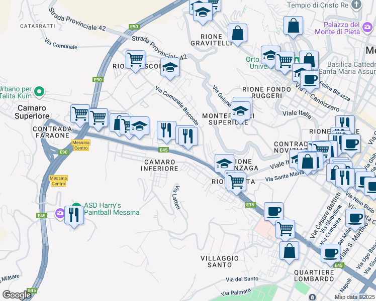 map of restaurants, bars, coffee shops, grocery stores, and more near Via Andrea Arena in Messina