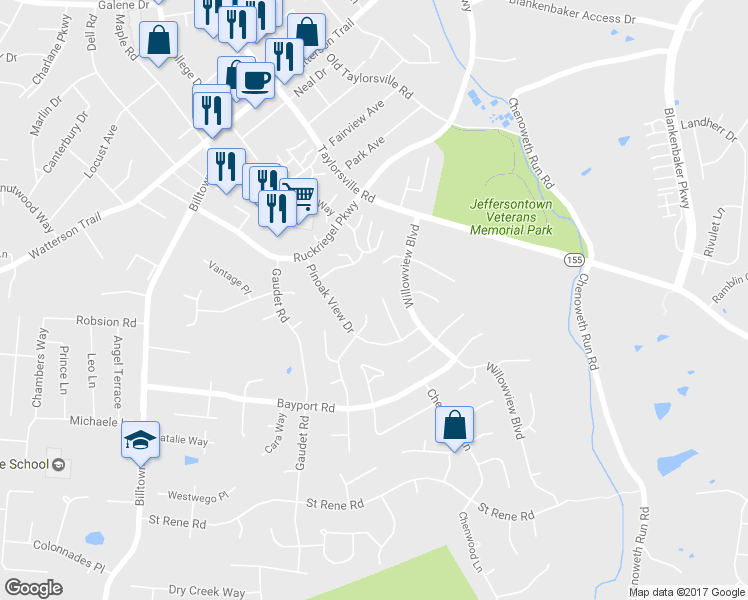 map of restaurants, bars, coffee shops, grocery stores, and more near 3904 Pinoak View Court in Louisville