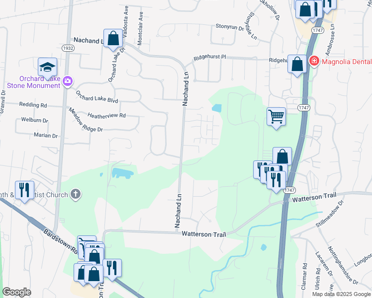map of restaurants, bars, coffee shops, grocery stores, and more near 4017 Nachand Lane in Louisville