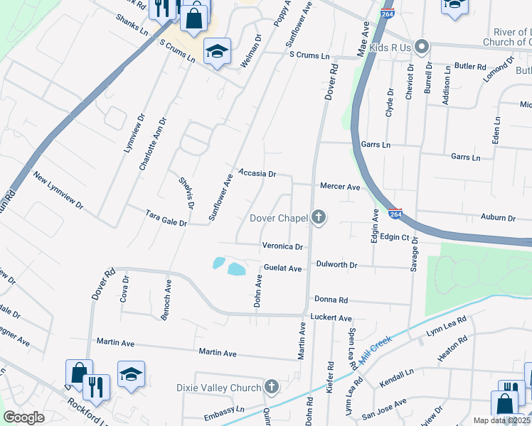 map of restaurants, bars, coffee shops, grocery stores, and more near 4320 Dohn Avenue in Louisville