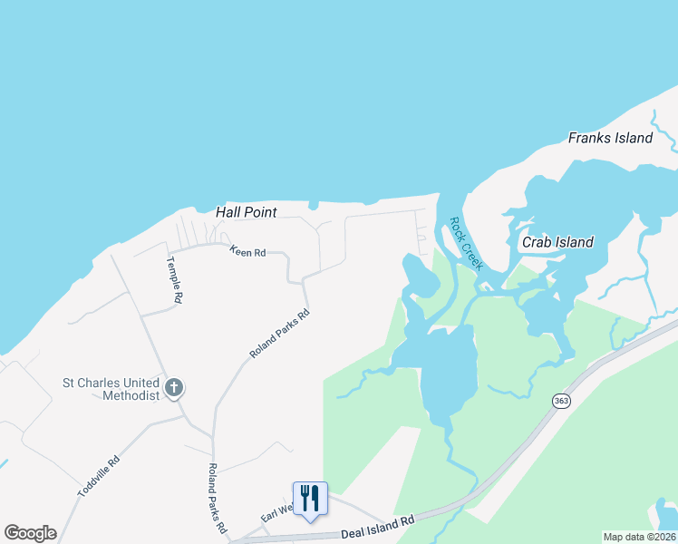 map of restaurants, bars, coffee shops, grocery stores, and more near 11060 Roland Parks Road in Deal Island Historic District