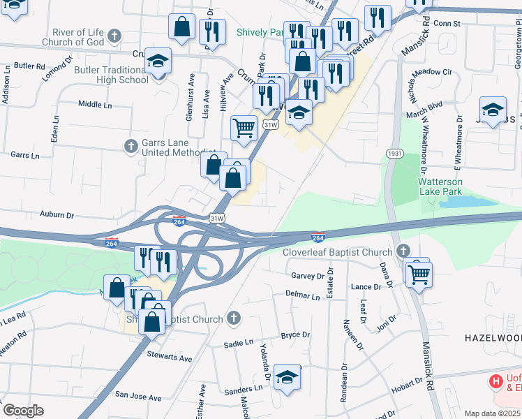 map of restaurants, bars, coffee shops, grocery stores, and more near 1708 Herbert Avenue in Louisville