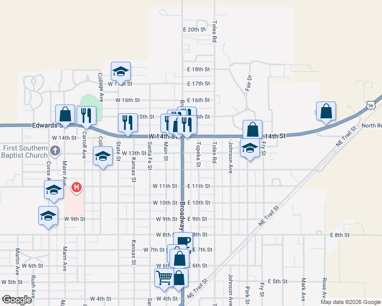 map of restaurants, bars, coffee shops, grocery stores, and more near 153 East 13th Street in Larned