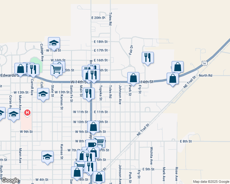 map of restaurants, bars, coffee shops, grocery stores, and more near 350 East 13th Street in Larned