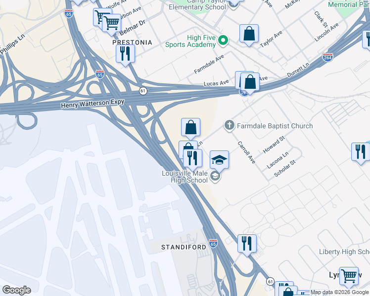 map of restaurants, bars, coffee shops, grocery stores, and more near 1205 Durrett Lane in Louisville