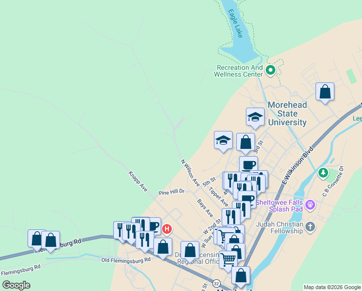 map of restaurants, bars, coffee shops, grocery stores, and more near 496 North Wilson Avenue in Morehead