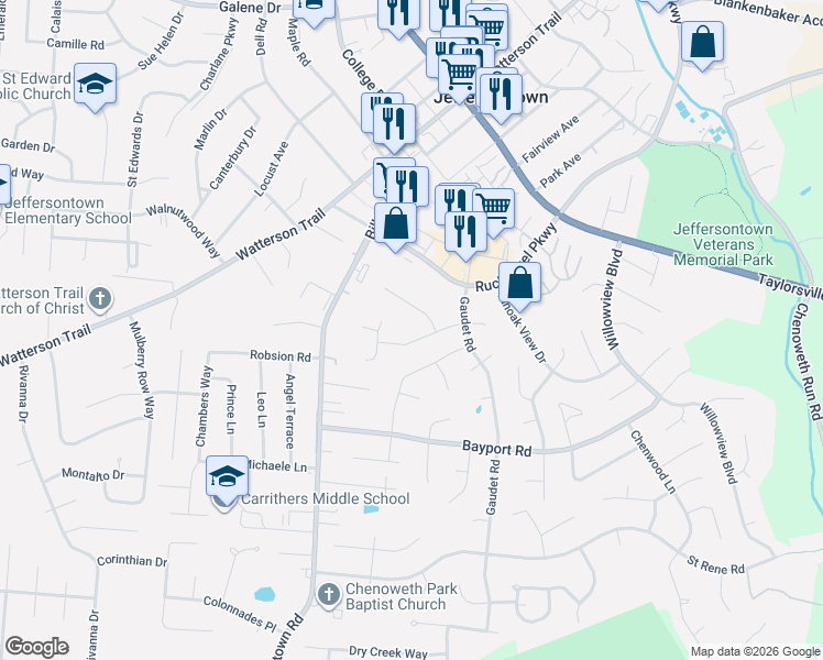 map of restaurants, bars, coffee shops, grocery stores, and more near 10303 Vantage Road in Jeffersontown