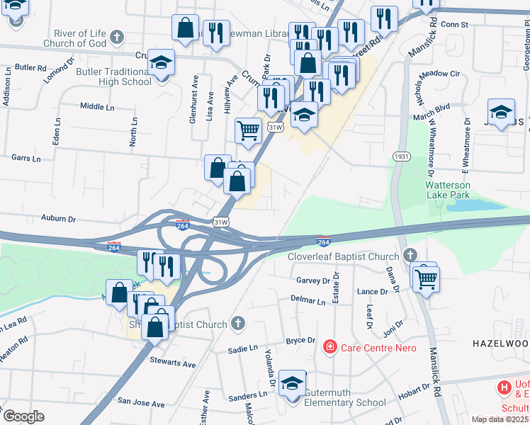 map of restaurants, bars, coffee shops, grocery stores, and more near 1708 Herbert Avenue in Louisville
