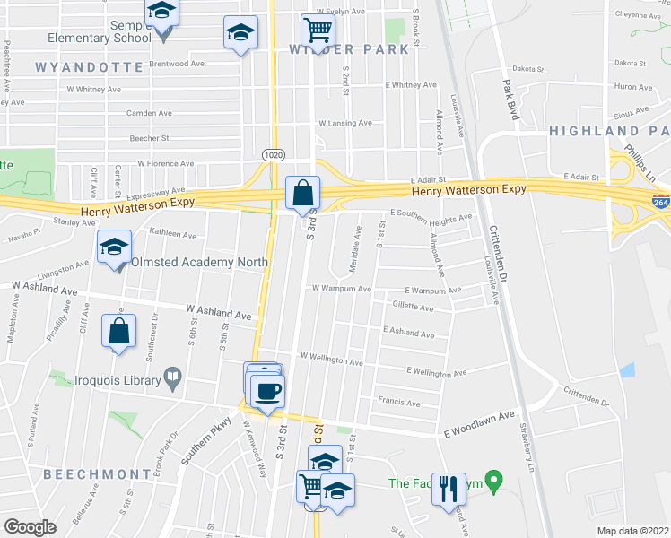 map of restaurants, bars, coffee shops, grocery stores, and more near 4529 South 2nd Street in Louisville