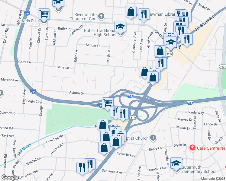 map of restaurants, bars, coffee shops, grocery stores, and more near 1917 Linherk Avenue in Louisville