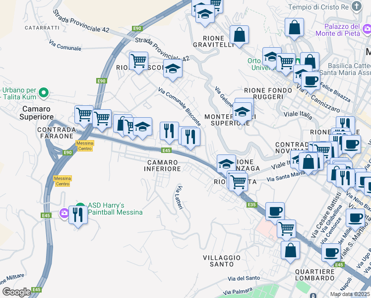 map of restaurants, bars, coffee shops, grocery stores, and more near Via Andrea Arena in Messina