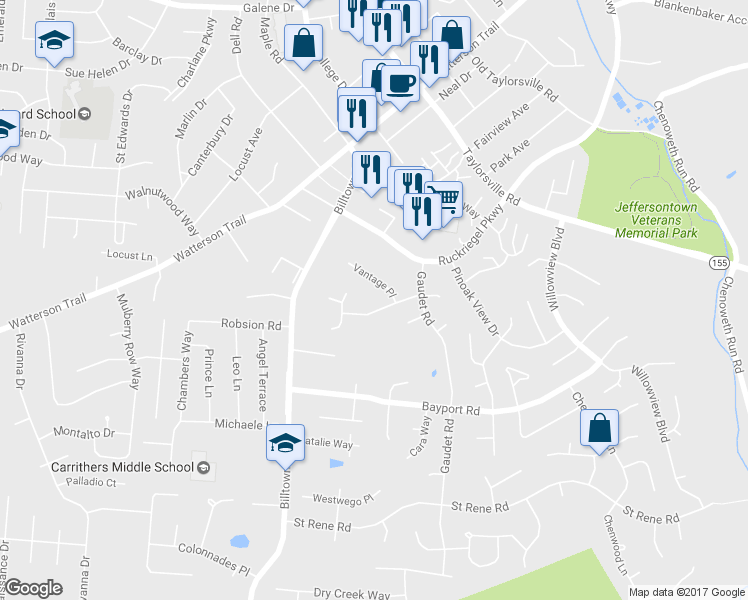 map of restaurants, bars, coffee shops, grocery stores, and more near 10305 Vantage Road in Louisville