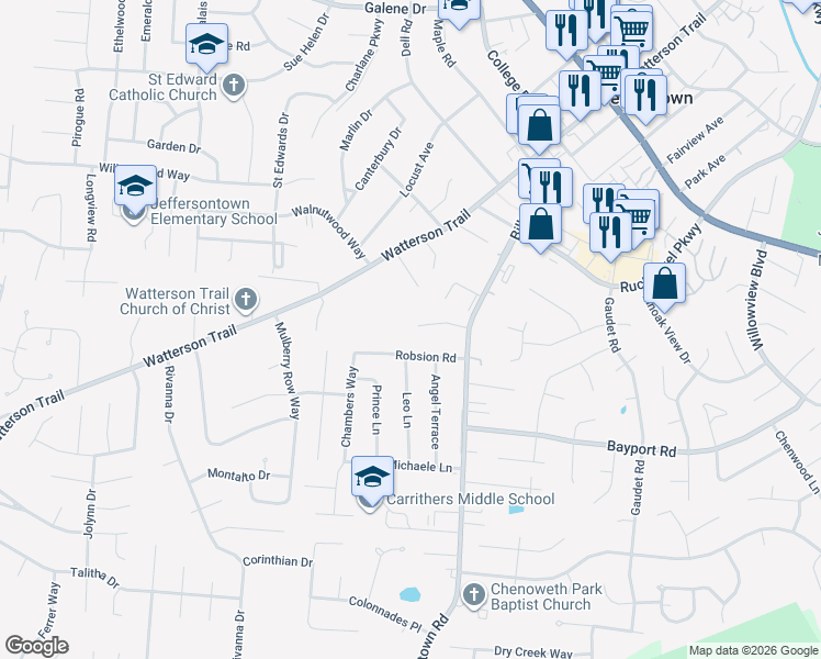 map of restaurants, bars, coffee shops, grocery stores, and more near 10000 Lauralynn Court in Jeffersontown