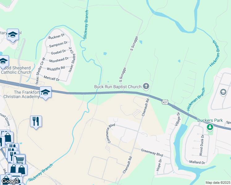 map of restaurants, bars, coffee shops, grocery stores, and more near Leestown Pike in Frankfort