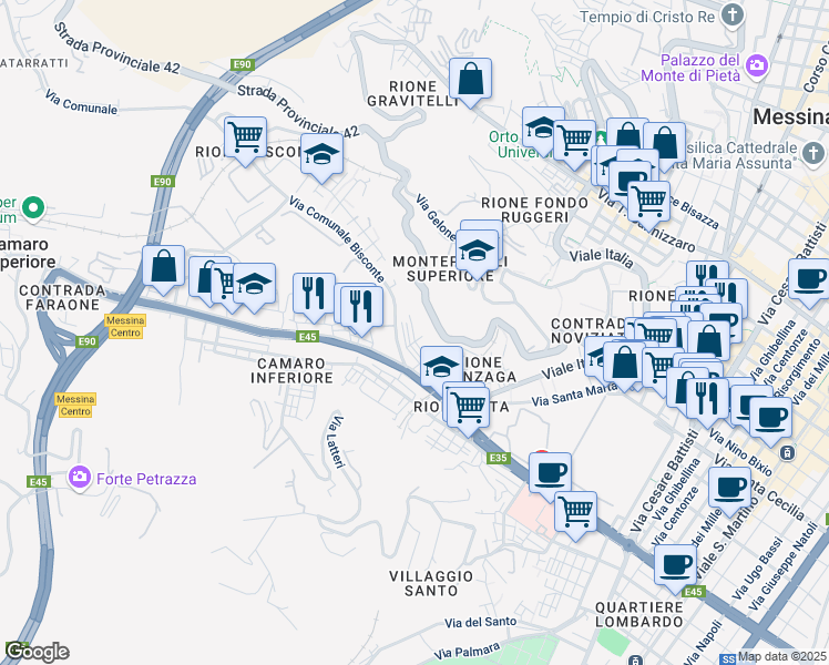 map of restaurants, bars, coffee shops, grocery stores, and more near 8 Via Giarre in Messina