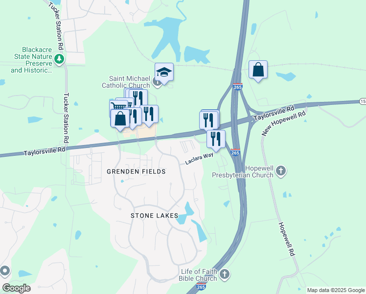 map of restaurants, bars, coffee shops, grocery stores, and more near 12810 Taylorsville Road in Louisville
