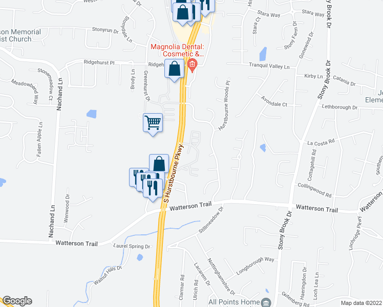 map of restaurants, bars, coffee shops, grocery stores, and more near 4202 Stony Ridge Road in Louisville
