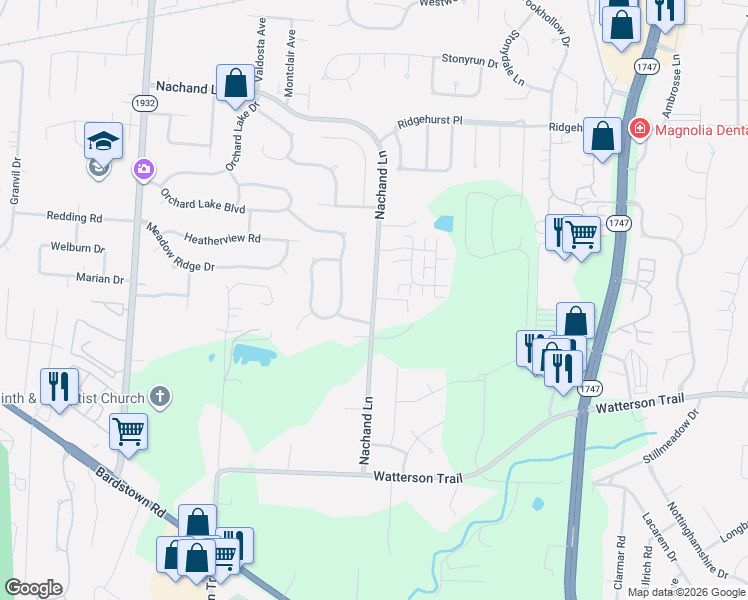 map of restaurants, bars, coffee shops, grocery stores, and more near Nachand Lane in Louisville