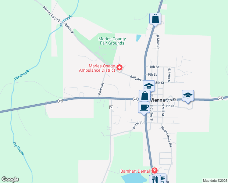 map of restaurants, bars, coffee shops, grocery stores, and more near 155 State Highway 42 in Vienna