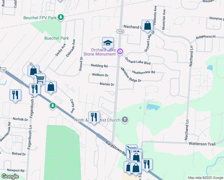 map of restaurants, bars, coffee shops, grocery stores, and more near 4109 Breckenridge Lane in Louisville