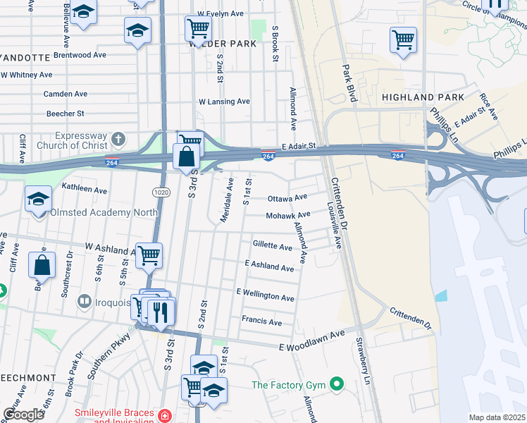 map of restaurants, bars, coffee shops, grocery stores, and more near 119 Mohawk Avenue in Louisville