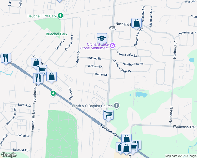 map of restaurants, bars, coffee shops, grocery stores, and more near 4204 Breckenridge Lane in Louisville