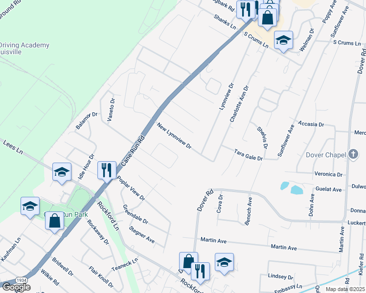 map of restaurants, bars, coffee shops, grocery stores, and more near 3216 New Lynnview Drive in Louisville