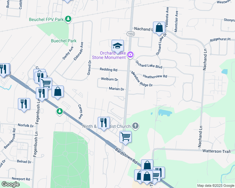 map of restaurants, bars, coffee shops, grocery stores, and more near 4204 Breckenridge Lane in Louisville
