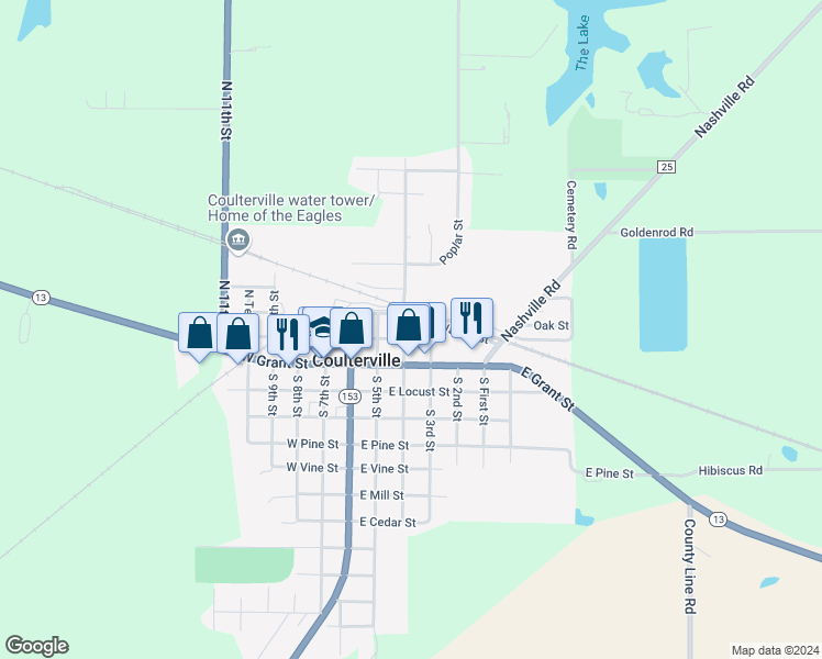 map of restaurants, bars, coffee shops, grocery stores, and more near 115 North 4th Street in Coulterville