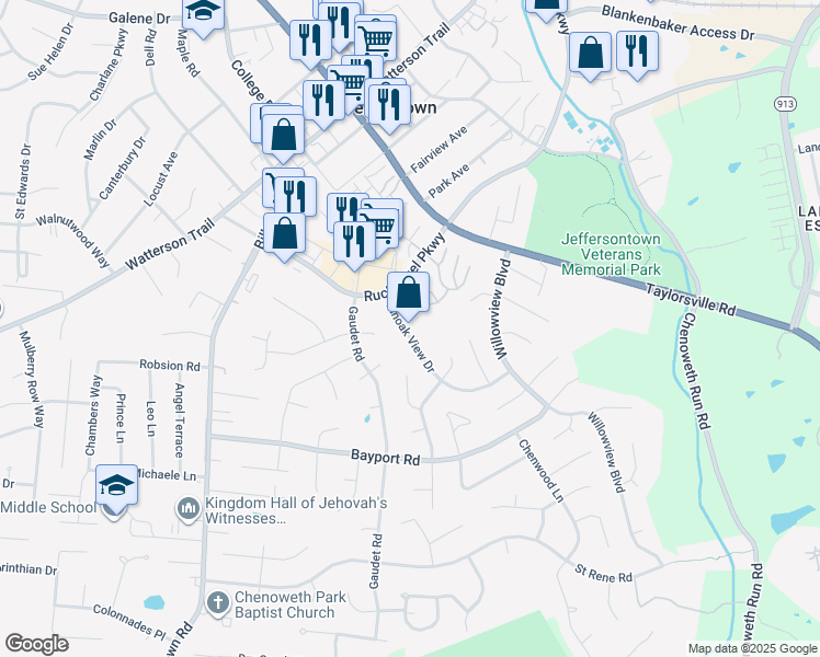 map of restaurants, bars, coffee shops, grocery stores, and more near 10401 Pinoak View Drive in Louisville