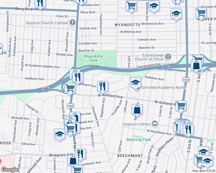 map of restaurants, bars, coffee shops, grocery stores, and more near 1107 West Ashland Avenue in Louisville