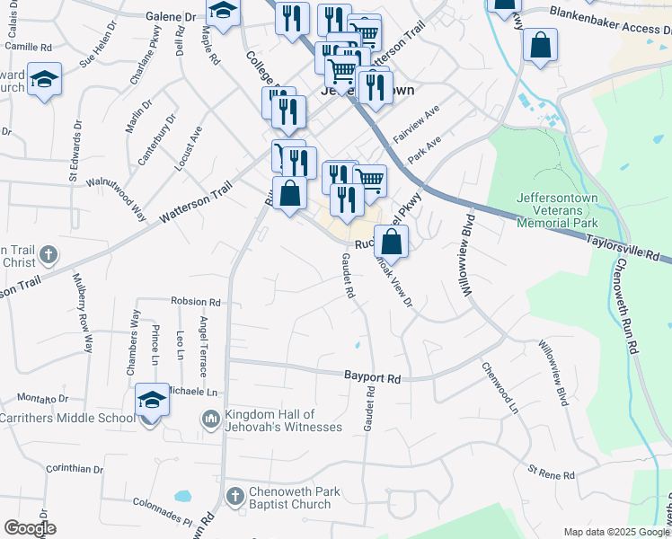 map of restaurants, bars, coffee shops, grocery stores, and more near 10404 Vantage Road in Louisville