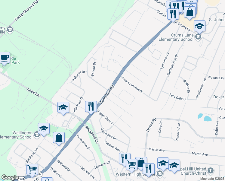map of restaurants, bars, coffee shops, grocery stores, and more near 3221 Teakwood Circle in Louisville