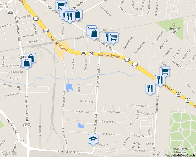 map of restaurants, bars, coffee shops, grocery stores, and more near 2105 Buechel Bank Road in Louisville