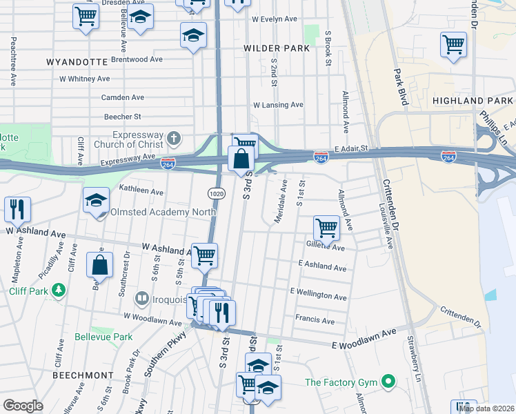 map of restaurants, bars, coffee shops, grocery stores, and more near 4522 South 2nd Street in Louisville